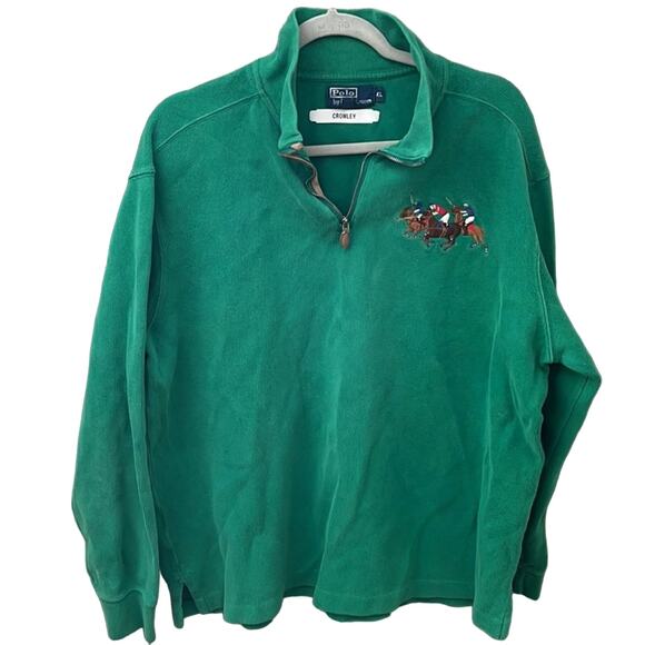VTG Polo Ralph Lauren Half Zipper Sweatshirt Sweater 90s Horse triple Green-XL - Picture 1 of 3